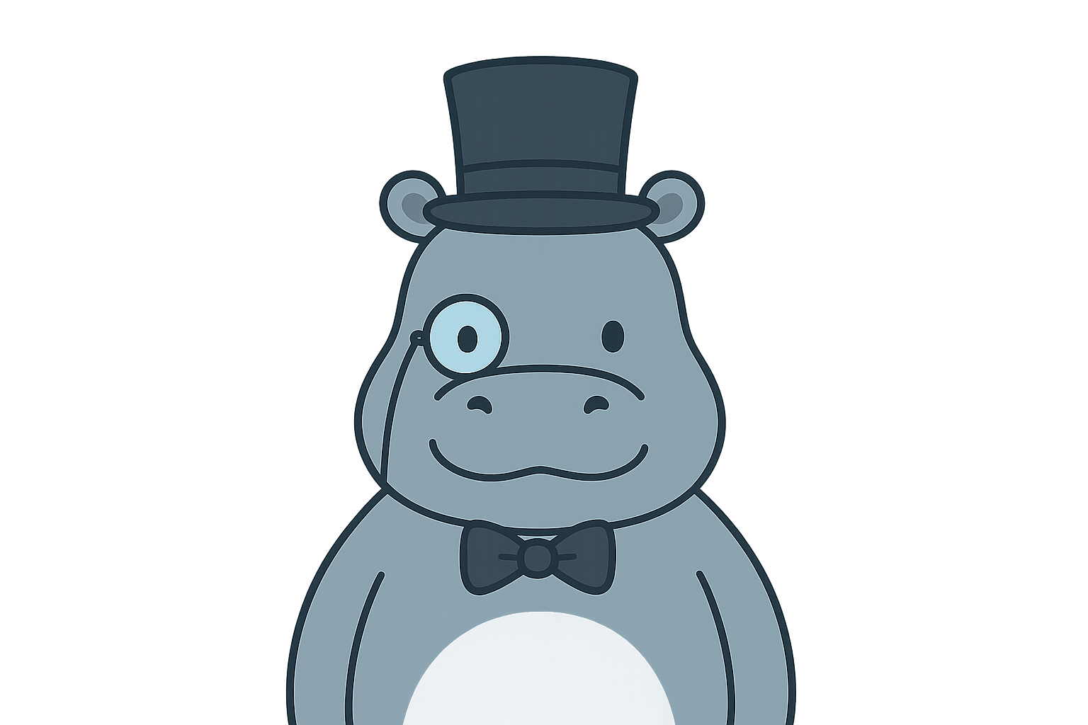 Illustration of a hippo wearing a top hat, monocle, and bow tie.